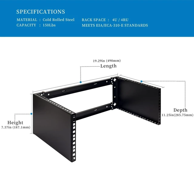 Alt view image 8 of 10 - RackPath 4U Wall Mount Network Rack - Patch Panel Bracket for Server and Network Equipment 11.25 inch Deep Heavy Duty 150lbs Capacity
