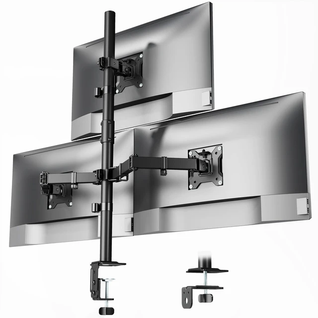 Alt view image 6 of 10 - monTEK Triple Monitor Stand Mount, Fully Adjustable Desk Mount for 3 Screen up to 17-32 and 22lbs Capacity Each Arm, Stable Monitor Arm with C Clamp and Grommet Base, VESA 75x75mm/100x100mm