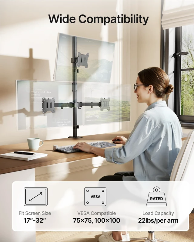 Alt view image 7 of 10 - monTEK Triple Monitor Stand Mount, Fully Adjustable Desk Mount for 3 Screen up to 17-32 and 22lbs Capacity Each Arm, Stable Monitor Arm with C Clamp and Grommet Base, VESA 75x75mm/100x100mm