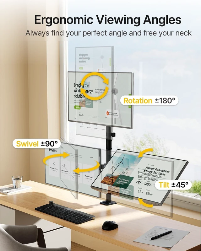 Alt view image 9 of 10 - monTEK Triple Monitor Stand Mount, Fully Adjustable Desk Mount for 3 Screen up to 17-32 and 22lbs Capacity Each Arm, Stable Monitor Arm with C Clamp and Grommet Base, VESA 75x75mm/100x100mm