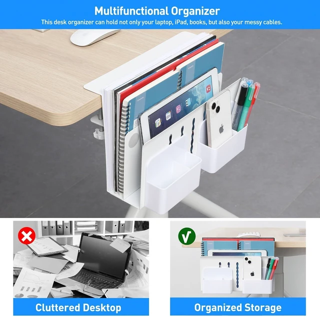 Alt view image 8 of 10 - MAXECHO Desk Side Storage, Under Desk Laptop Mount, Table Side Hanging File Organizer, No Drill Clamp On Cable Management Tray, Laptop Holder with Magnetic Pen Holder for Office and Home, Load 22 Lbs