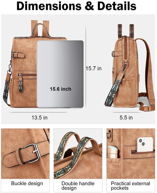 Alt view image 7 of 10 - FADEON Leather Laptop Backpack for Women, Designer Ladies Work Travel Computer Backpack with Laptop Compartment Suede Brown