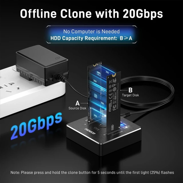 Alt view image 7 of 10 - FIDECO M.2 NVMe SATA SSD Cloner Dock, USB 3.2 Gen 2 X 2, 20Gbps Dual NVMe SATA SSD Enclosure, M.2 Duplicator Cloner, Support Offline Clone, UASP and Trim, Aluminum Design