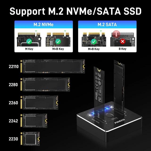 Alt view image 10 of 10 - FIDECO M.2 NVMe SATA SSD Cloner Dock, USB 3.2 Gen 2 X 2, 20Gbps Dual NVMe SATA SSD Enclosure, M.2 Duplicator Cloner, Support Offline Clone, UASP and Trim, Aluminum Design