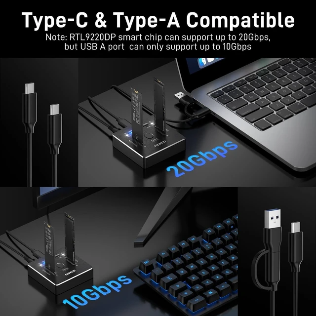 Alt view image 8 of 10 - FIDECO M.2 NVMe SATA SSD Cloner Dock, USB 3.2 Gen 2 X 2, 20Gbps Dual NVMe SATA SSD Enclosure, M.2 Duplicator Cloner, Support Offline Clone, UASP and Trim, Aluminum Design
