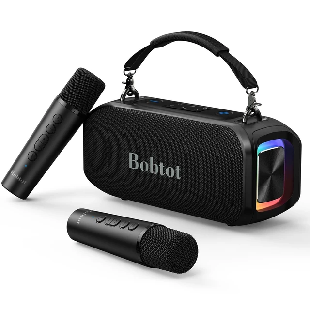 Alt view image 6 of 10 - Bobtot Portable Bluetooth Speaker with Wireless Microphone, 40W Peak Outdoor Speaker IPX5 Waterproof Speaker with Handle Stereo Loud Sound, 8000mAh Battery, Home & Outdoor Party (with 2 Mics)