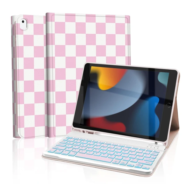 Alt view image 6 of 10 - Mewealth Keyboard Case for iPad 9th / 8th / 7th Generation 10.2 Inch with Pencil Holder, Backlights LED Keyboard Cover for iPad Pro 10.5" / iPad Air 3rd, Checkered Plaid Pink-White