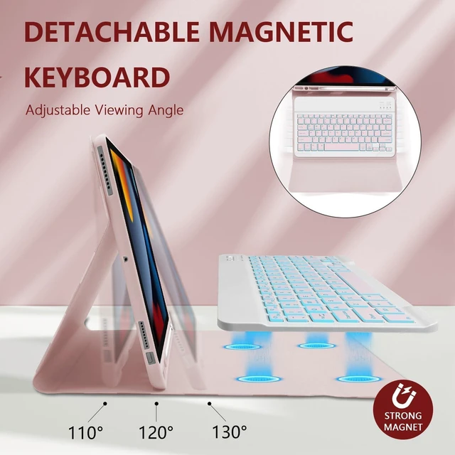 Alt view image 8 of 10 - Mewealth Keyboard Case for iPad 9th / 8th / 7th Generation 10.2 Inch with Pencil Holder, Backlights LED Keyboard Cover for iPad Pro 10.5" / iPad Air 3rd, Checkered Plaid Pink-White