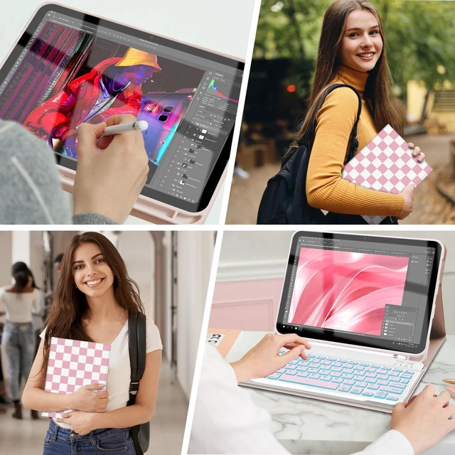 Alt view image 10 of 10 - Mewealth Keyboard Case for iPad 9th / 8th / 7th Generation 10.2 Inch with Pencil Holder, Backlights LED Keyboard Cover for iPad Pro 10.5" / iPad Air 3rd, Checkered Plaid Pink-White