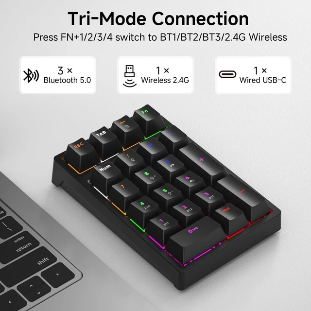 Alt view image 7 of 10 - JPHTEK Wireless Numeric Keyboard, Mechanical Number Pad with RGB LED Backlit 21 Key Numpad Wireless 2.4G/Bluetooth 5.0/Wired USB-C RGB Backlit Numeric Keypad Rechargeable Numeric Keypad for Win/Mac