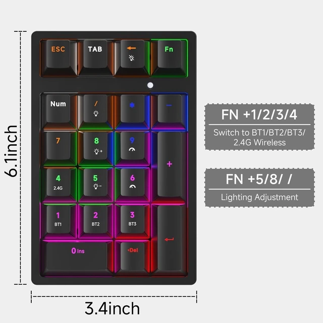 Alt view image 10 of 10 - JPHTEK Wireless Numeric Keyboard, Mechanical Number Pad with RGB LED Backlit 21 Key Numpad Wireless 2.4G/Bluetooth 5.0/Wired USB-C RGB Backlit Numeric Keypad Rechargeable Numeric Keypad for Win/Mac