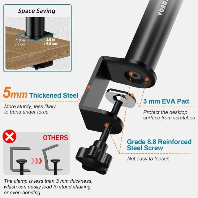 Alt view image 10 of 10 - Vondynote Studio Monitor Stands Pair Heavy Duty Desk Clamp Speaker Stands with Adjustable Tilt Angle Tray of 0-12