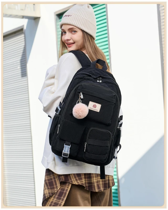 Alt view image 7 of 10 - Hidds School Backpack for Teens Girls Women 15.6 Inch Laptop College Backpacks Corduroy Kids Bookbag Students Travel Daypack Womens (Black)