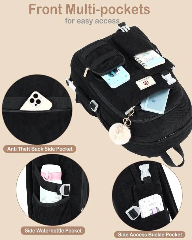Alt view image 9 of 10 - Hidds School Backpack for Teens Girls Women 15.6 Inch Laptop College Backpacks Corduroy Kids Bookbag Students Travel Daypack Womens (Black)