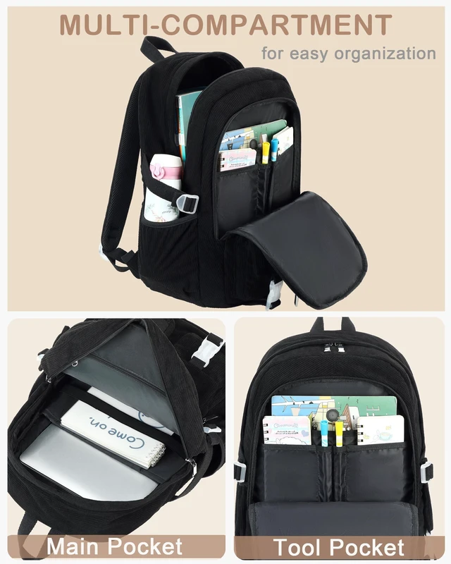 Alt view image 8 of 10 - Hidds School Backpack for Teens Girls Women 15.6 Inch Laptop College Backpacks Corduroy Kids Bookbag Students Travel Daypack Womens (Black)