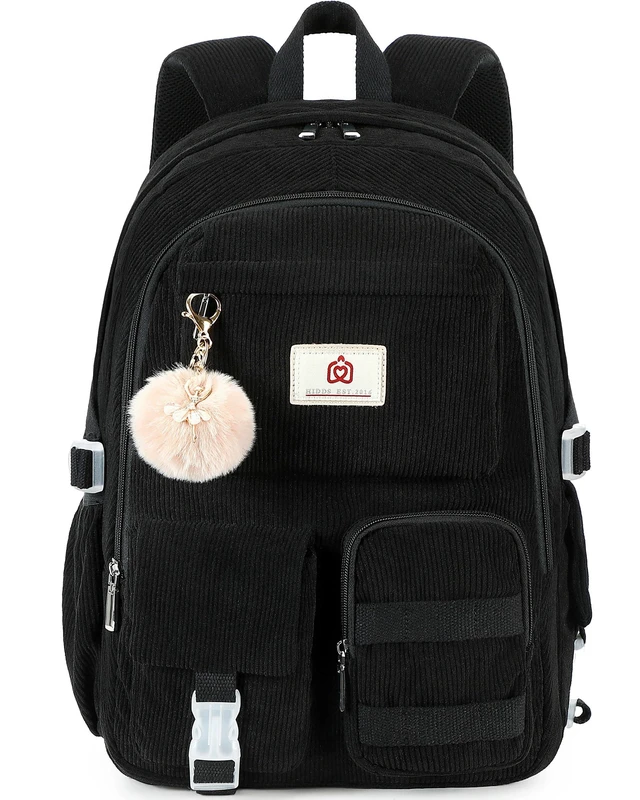 Alt view image 6 of 10 - Hidds School Backpack for Teens Girls Women 15.6 Inch Laptop College Backpacks Corduroy Kids Bookbag Students Travel Daypack Womens (Black)