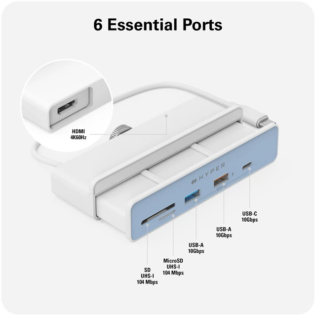 Alt view image 8 of 10 - HyperDrive 6in1 USB Hub Adapter: HDMI 4K60Hz, USB-C 10Gbps, 2 USB-A 10Gbps, SD UHS-I, MicroSD UHS-I for iMac 2021 24 inch
