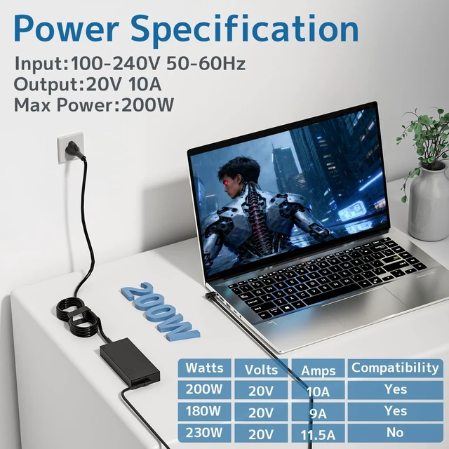 Alt view image 8 of 10 - 200W Charger Compatible with ASUS ROG TUF Gaming Laptop Power Adapter