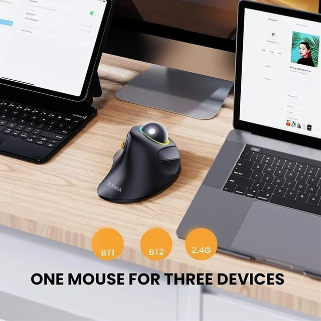 Alt view image 8 of 10 - JOMAA Wireless Bluetooth Computer Trackball Mouse with RGB Backlight,Finger Control, 3 Device Switch, Silent Rechargeable Ergonomic Drawing Office Mouse for Laptop, Desktop Computer, Tablet Phone