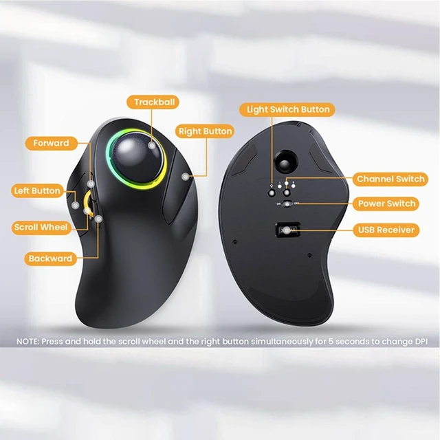 Alt view image 10 of 10 - JOMAA Wireless Bluetooth Computer Trackball Mouse with RGB Backlight,Finger Control, 3 Device Switch, Silent Rechargeable Ergonomic Drawing Office Mouse for Laptop, Desktop Computer, Tablet Phone
