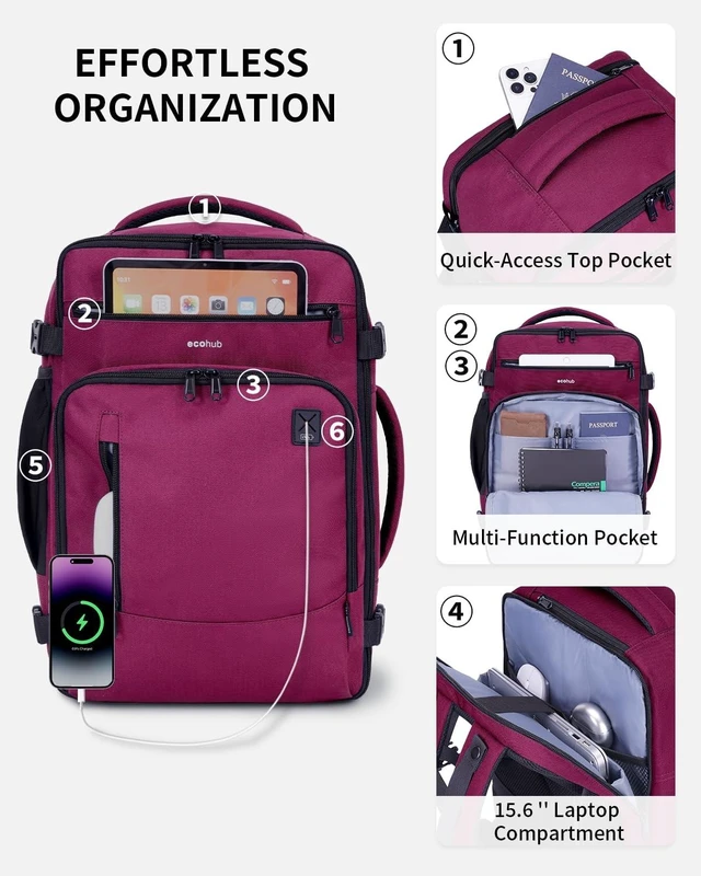 Alt view image 9 of 10 - ECOHUB 17" Small Travel Backpack, United Airlines Personal Item Bag 17x10x9 with 16 Pockets, Water Resistant Rucksacks Fit 15.6" Laptop, AirTag Pocket, Lightweight Casual Daypack, 25L, Red
