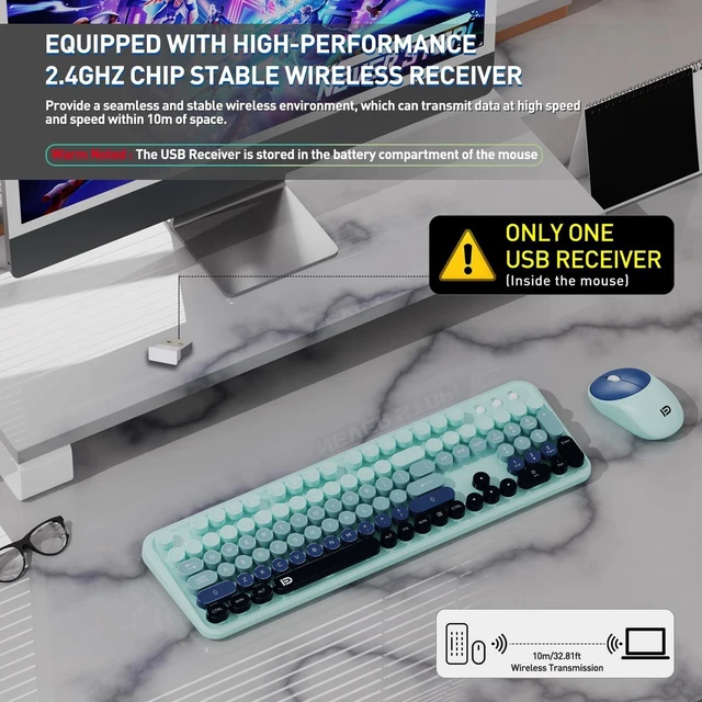 Alt view image 7 of 10 - Keyboard and Mouse Wireless,2.4Ghz Retro Typewriter Style Round Keycap,Full Size Colorful Wireless Keyboard Mouse Combo,Cute Cordless Keyboard Mouse Set for PC Laptop Desktop Computer-Teal