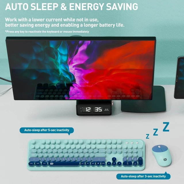 Alt view image 9 of 10 - Keyboard and Mouse Wireless,2.4Ghz Retro Typewriter Style Round Keycap,Full Size Colorful Wireless Keyboard Mouse Combo,Cute Cordless Keyboard Mouse Set for PC Laptop Desktop Computer-Teal