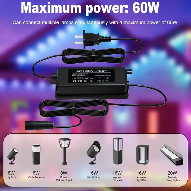 Alt view image 7 of 10 - 24V 60W Waterproof Power Supply for Philips Hue Outdoor Low Voltage Lights Compatible with Compatible with Philips Hue Lily Spot/XL Spot Power Adapter Cord