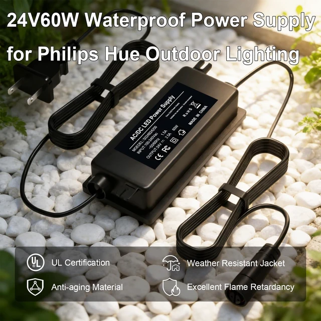 Alt view image 9 of 10 - 24V 60W Waterproof Power Supply for Philips Hue Outdoor Low Voltage Lights Compatible with Compatible with Philips Hue Lily Spot/XL Spot Power Adapter Cord