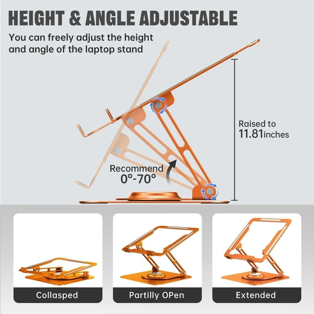 Alt view image 8 of 10 - JOYEKY Laptop Stand for Desk, Adjustable Computer Stand with 360 Rotating Base, Ergonomic Laptop Riser for Collaborative Work, Foldable & Portable Laptop Stand, fits for All 10-16" Laptops (Orange)