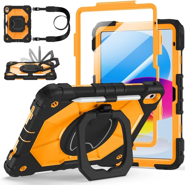 Alt view image 6 of 10 - Case for iPad A16 11th Generation 11 Inch 2025, Auorld for iPad 10th Generation 10.9 inch 2022 case with Screen Protector, 360 Degree Rotating Stand Shoulder Strap Pencil Holder, Black Orange