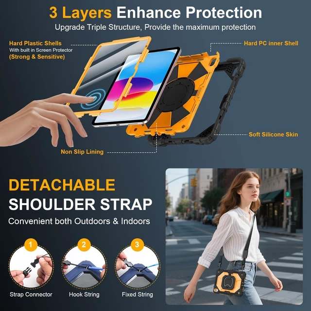 Alt view image 8 of 10 - Case for iPad A16 11th Generation 11 Inch 2025, Auorld for iPad 10th Generation 10.9 inch 2022 case with Screen Protector, 360 Degree Rotating Stand Shoulder Strap Pencil Holder, Black Orange
