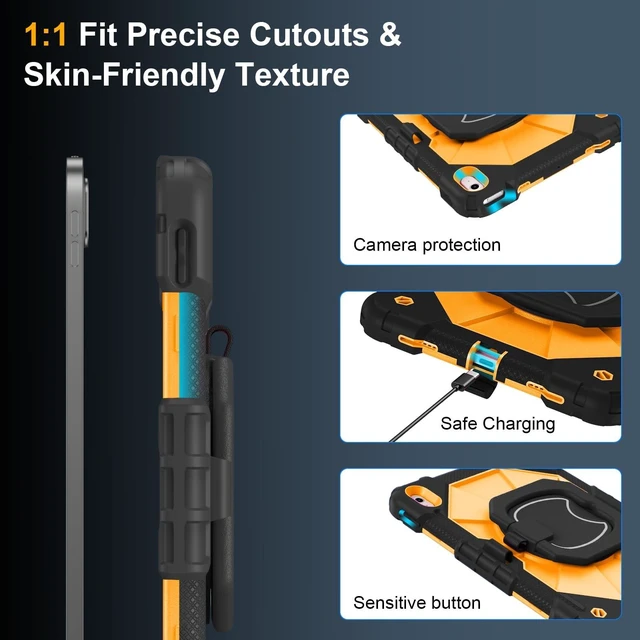 Alt view image 10 of 10 - Case for iPad A16 11th Generation 11 Inch 2025, Auorld for iPad 10th Generation 10.9 inch 2022 case with Screen Protector, 360 Degree Rotating Stand Shoulder Strap Pencil Holder, Black Orange