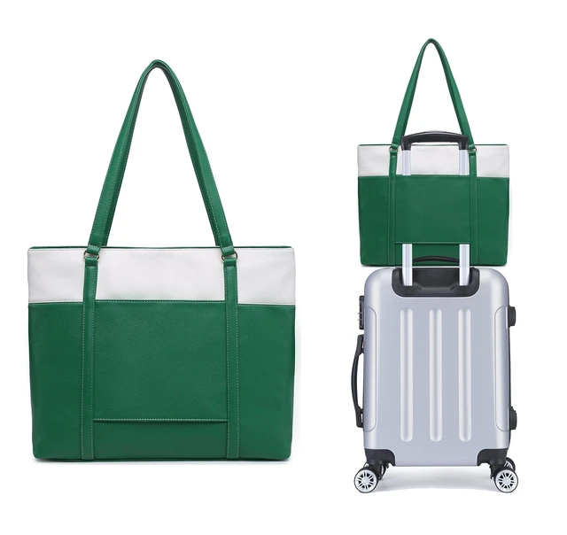 Alt view image 7 of 10 - NNEE Laptop Leather Tote Bag for 15.6 inch Notebook Travel Work Carrying Bag with Smart Trolley Strap Design - Green