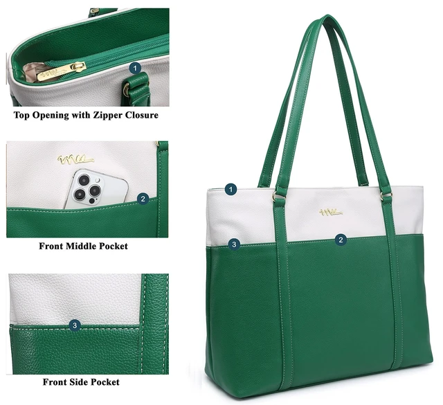 Alt view image 8 of 10 - NNEE Laptop Leather Tote Bag for 15.6 inch Notebook Travel Work Carrying Bag with Smart Trolley Strap Design - Green