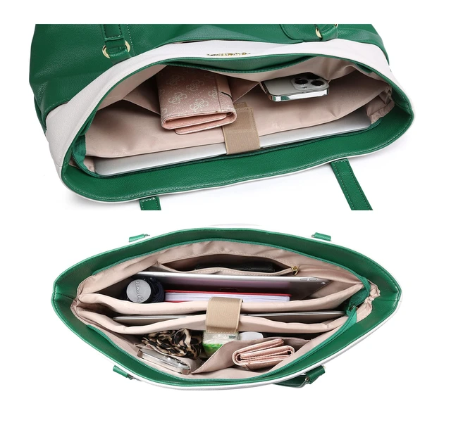 Alt view image 10 of 10 - NNEE Laptop Leather Tote Bag for 15.6 inch Notebook Travel Work Carrying Bag with Smart Trolley Strap Design - Green