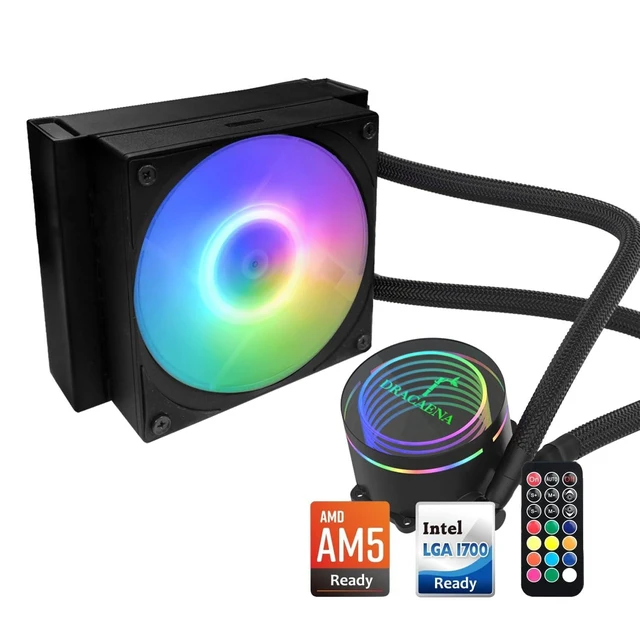 Alt view image 6 of 10 - Dracaena.io 120mm AIO CPU Cooler - ARGB Remote Control, Quiet PWM ARGB Fan, Hydraulic Bearing Pump & Aluminum Radiator - for Intel LGA1700/1200/115X/2011/2066 & AMD AM5/AM4/AM3/FM2 Ryzen, Black