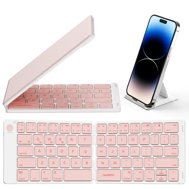 Alt view image 6 of 10 - Samsers Bluetooth Foldable Keyboard - Wireless Portable Folding Keyboard, Full-Size Ultra-Slim Rechargeable Connect Up to 3 Devices for iOS, Android, Windows Phone, Tablet, Laptop - Pink