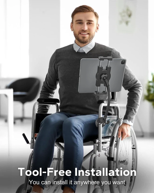 Alt view image 9 of 10 - GDZN Wheelchair & Electric Wheelchairs Tablet Holder for Wheelchairs Pole 0.5"2.1" in Diameter, 360 Adjustable iPad Clamp Fits 4.7"15.6" Tablets, Gooseneck Aluminum Arm, Foldable Design, Anti-Slip