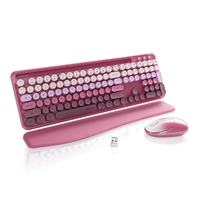 Alt view image 6 of 10 - FCPLU xUBOTIE Wireless Keyboard and Mouse, Colorful 104-Key QWERTY with Round Keys, Phone Holder, Wrist Rest, Power Buttons, 2.4GHz USB for PC Laptop(Rose Red Gradient)