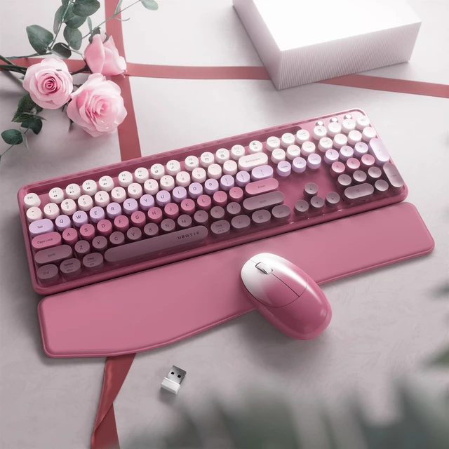 Alt view image 7 of 10 - FCPLU xUBOTIE Wireless Keyboard and Mouse, Colorful 104-Key QWERTY with Round Keys, Phone Holder, Wrist Rest, Power Buttons, 2.4GHz USB for PC Laptop(Rose Red Gradient)