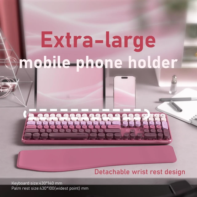Alt view image 9 of 10 - FCPLU xUBOTIE Wireless Keyboard and Mouse, Colorful 104-Key QWERTY with Round Keys, Phone Holder, Wrist Rest, Power Buttons, 2.4GHz USB for PC Laptop(Rose Red Gradient)