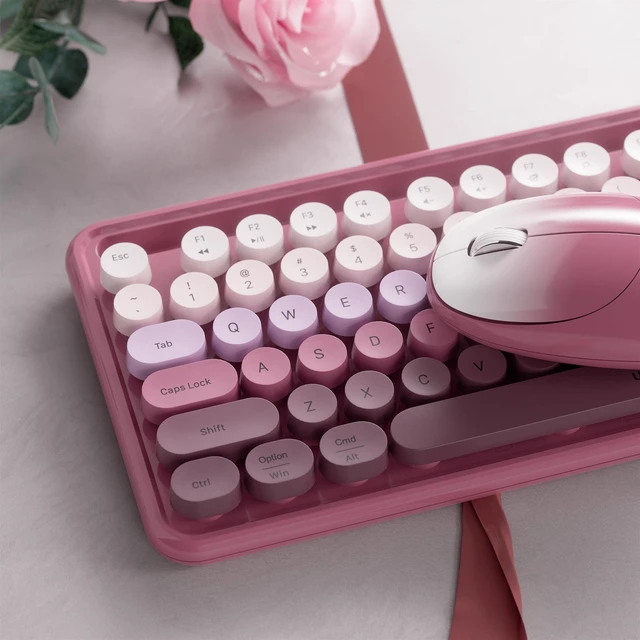 Alt view image 8 of 10 - FCPLU xUBOTIE Wireless Keyboard and Mouse, Colorful 104-Key QWERTY with Round Keys, Phone Holder, Wrist Rest, Power Buttons, 2.4GHz USB for PC Laptop(Rose Red Gradient)