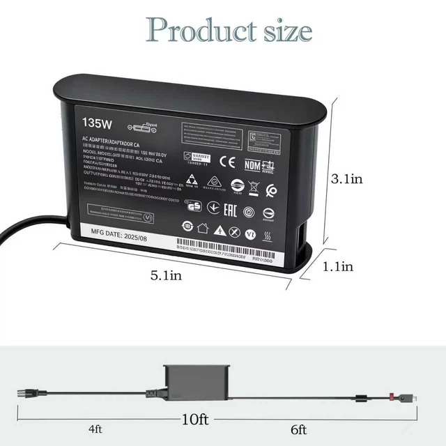Alt view image 9 of 10 - 135W 100W USB C Charger Compatible with Lenovo ThinkPad P14s P16s P16 T16 T14 Gen 1 2 3 4 ADL135YSDC3A Type -C Laptop or Phone AC Adapter Power