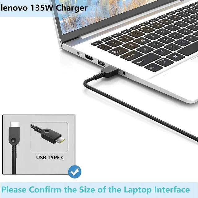 Alt view image 7 of 10 - 135W 100W USB C Charger Compatible with Lenovo ThinkPad P14s P16s P16 T16 T14 Gen 1 2 3 4 ADL135YSDC3A Type -C Laptop or Phone AC Adapter Power