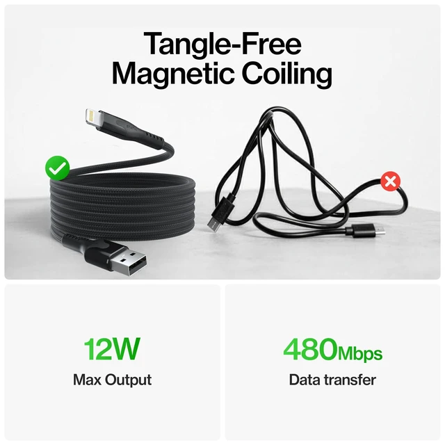 Alt view image 8 of 10 - Statik MagStack USB A to iPhone Cable MFi Certified, Clutter-Free Magnetic Charging Cable, Anti-Tangle Phone Charger Cord, 12W, Compatible with iPhone 14 Pro Max, 13 12 11, 3FT/1M