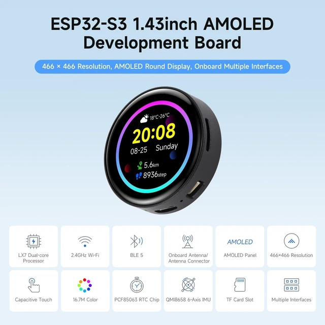 Alt view image 8 of 10 - Waveshare ESP32-S3 1.43inch AMOLED Display Development Board, 466466, QSPI Interface Round Display, Onboard Accelerometer and Gyroscope Sensor, RTC Chip, with Metal Case