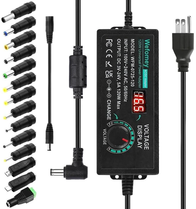 Alt view image 6 of 10 - 120W Universal Power Supply Adjustable DC 3V ~ 24V Variable Switching AC/DC Adapter 100V-240V AC to DC 24V 5A Converter with 14 Tips & Polarity Converter - 5000mA Max