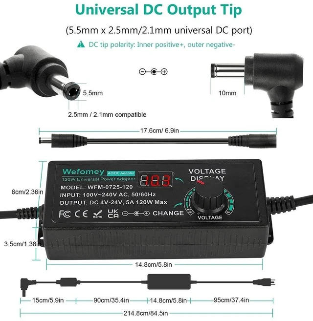 Alt view image 10 of 10 - 120W Universal Power Supply Adjustable DC 3V ~ 24V Variable Switching AC/DC Adapter 100V-240V AC to DC 24V 5A Converter with 14 Tips & Polarity Converter - 5000mA Max