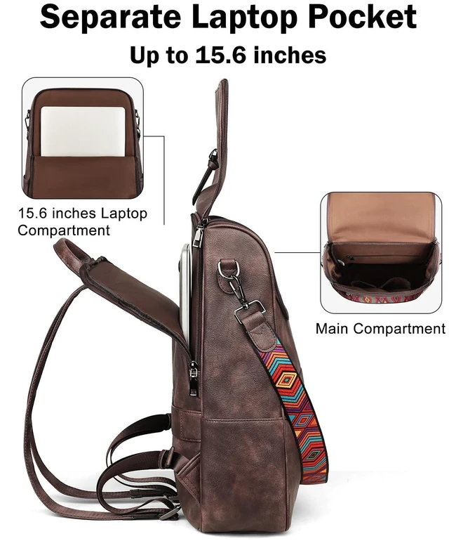 Alt view image 8 of 10 - FADEON Laptop Backpack for Women Leather Travel Backpack with Laptop Compartment, Designer Ladies Computer Backpacks Coffee